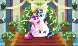 Size: 1095x657 | Tagged: safe, artist:julie25609, imported from derpibooru, princess cadance, shining armor, alicorn, unicorn, a canterlot wedding, horn, horn jewelry, horn ring, hug, jewelry, marriage, ring, wedding, wedding ring