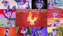 Size: 1280x722 | Tagged: safe, edit, edited screencap, editor:quoterific, imported from derpibooru, screencap, twilight sparkle, alicorn, pony, unicorn, a canterlot wedding, applebuck season, bats!, feeling pinkie keen, once upon a zeppelin, over a barrel, testing testing 1-2-3, the crystal empire, the return of harmony, the ticket master, twilight's kingdom, angry, eyes closed, female, fire, glowing horn, golden oaks library, gritted teeth, horn, magic, male, mare, nose in the air, open mouth, rain, rapidash twilight, royal guard, stallion, stop the bats, teeth, telekinesis, twilight sparkle (alicorn), unicorn twilight