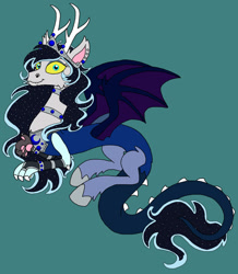 Size: 1024x1172 | Tagged: safe, artist:rosefang16, imported from derpibooru, oc, oc only, oc:midnight mayhem, draconequus, hybrid, draconequus oc, female, green background, interspecies offspring, offspring, parent:discord, parent:princess luna, parents:lunacord, simple background, solo, yellow sclera