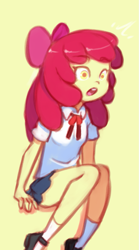 Size: 669x1200 | Tagged: safe, artist:drantyno, imported from derpibooru, imported from ponybooru, apple bloom, equestria girls, clothes, open mouth, school uniform, shoes, simple background, skirt, socks, yellow background