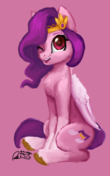 Size: 1600x2560 | Tagged: safe, artist:raphaeldavid, imported from derpibooru, pipp petals, pegasus, pony, spoiler:g5, eyelashes, female, g5, looking at you, one eye closed, open mouth, open smile, pink background, pipp, red eyes, red-eyed pipp, signature, simple background, sitting, smiling, smiling at you, solo, wink, winking at you, wrong eye color