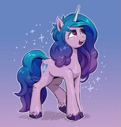 Size: 1431x1500 | Tagged: safe, artist:porcelanowyokular, imported from derpibooru, izzy moonbow, pony, unicorn, spoiler:g5, eyelashes, female, g5, gradient background, izzy, mare, multicolored hair, multicolored tail, open mouth, purple eyes, solo, unshorn fetlocks
