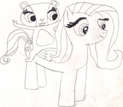 Size: 1024x896 | Tagged: safe, artist:ben-the-looney, imported from derpibooru, fluttershy, bear, panda, pegasus, pony, littlest pet shop, penny ling, traditional art