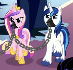 Size: 589x562 | Tagged: safe, imported from derpibooru, screencap, princess cadance, shining armor, the beginning of the end, chains, gag, kinky, muzzle gag