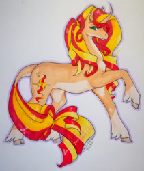 Size: 1024x1213 | Tagged: safe, artist:oneiria-fylakas, imported from derpibooru, sunset shimmer, pony, curved horn, horn, solo, traditional art