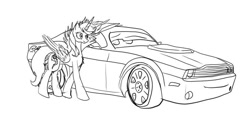 Size: 831x396 | Tagged: safe, artist:vinelly-de-sun, imported from derpibooru, oc, oc only, alicorn, pony, alicorn oc, car, horn, lineart, monochrome, smiling, solo, wings