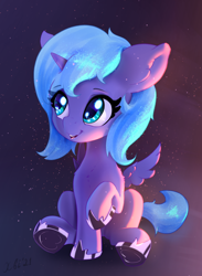 Size: 1712x2335 | Tagged: safe, artist:xbi, imported from derpibooru, princess luna, alicorn, pony, cute, female, filly, filly luna, gradient background, hoof shoes, lunabetes, sitting, smiling, solo, sweet dreams fuel, woona, younger