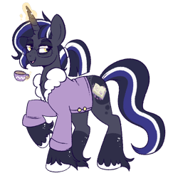 Size: 658x676 | Tagged: safe, artist:lulubell, imported from derpibooru, oc, oc only, oc:somni, pony, unicorn, clothes, coffee, lidded eyes, magical lesbian spawn, offspring, parent:princess luna, parent:twilight sparkle, parents:twiluna, raised hoof, robe, smiling, solo