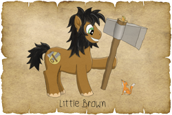 Size: 1500x1000 | Tagged: safe, alternate version, artist:malte279, imported from derpibooru, oc, oc:little brown, earth pony, fox, tails of equestria, axe, beard, facial hair, lore, lumberjack, npc, parchment, pen and paper rpg, robin hood, weapon