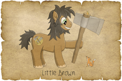 Size: 1024x683 | Tagged: safe, alternate version, artist:malte279, imported from derpibooru, oc, oc:little brown, earth pony, fox, tails of equestria, axe, beard, facial hair, lore, lumberjack, npc, parchment, pen and paper rpg, robin hood, weapon