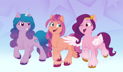 Size: 1632x952 | Tagged: safe, artist:maybehawthorn, imported from derpibooru, izzy moonbow, pipp petals, sunny starscout, earth pony, pegasus, pony, unicorn, spoiler:g5, abstract background, braid, female, g5, grin, izzy, mare, one eye closed, open mouth, pipp, raised hoof, red eyes, red-eyed pipp, smiling, sunny, teeth, unshorn fetlocks, wink, wrong eye color
