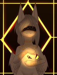 Size: 1632x2160 | Tagged: safe, artist:elektra-gertly, imported from derpibooru, oc, oc only, oc:light knight, pony, semi-anthro, ankh, big ears, blindfold, egyptian, egyptian pony, solo