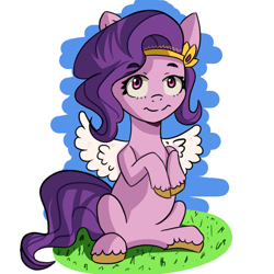 Size: 2000x2000 | Tagged: safe, artist:artiks, imported from derpibooru, pipp petals, pegasus, pony, spoiler:g5, female, g5, grass, high res, looking at you, mare, pipp, raised hoof, red eyes, red-eyed pipp, sitting, solo, spread wings, unshorn fetlocks, wings, wrong eye color