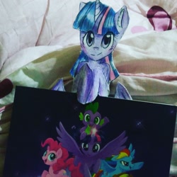 Size: 1080x1080 | Tagged: safe, artist:cats_drawings_cos, imported from derpibooru, pinkie pie, rainbow dash, spike, twilight sparkle, alicorn, dragon, earth pony, pegasus, pony, female, glowing horn, horn, irl, mare, photo, riding, smiling, spike riding twilight, traditional art, twilight sparkle (alicorn), wings