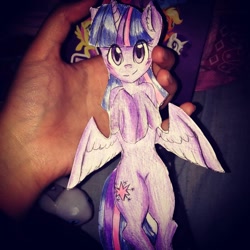 Size: 1080x1080 | Tagged: safe, artist:cats_drawings_cos, imported from derpibooru, twilight sparkle, alicorn, human, pony, semi-anthro, bipedal, ear fluff, female, holding a pony, horn, irl, irl human, mare, photo, smiling, solo, traditional art, twilight sparkle (alicorn), wings