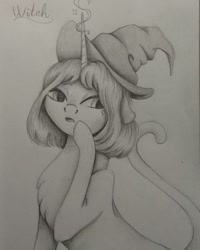 Size: 1080x1350 | Tagged: safe, artist:pony_riart, imported from derpibooru, oc, oc only, cat, cat pony, original species, pony, bust, grayscale, hat, horn, inktober, inktober 2020, monochrome, solo, traditional art, witch hat