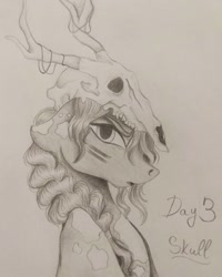 Size: 1080x1350 | Tagged: safe, artist:pony_riart, imported from derpibooru, oc, oc only, earth pony, pony, antlers, bust, earth pony oc, face paint, grayscale, inktober, inktober 2020, monochrome, skull, solo, traditional art