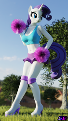 Size: 2160x3840 | Tagged: safe, artist:shadowboltsfm, imported from derpibooru, rarity, anthro, plantigrade anthro, unicorn, 3d, 4k, adorasexy, blender, boots, bra, breasts, cheerleader, clothes, crop top bra, cute, eyelashes, grass, high heel boots, midriff, not sfm, pom pom, sexy, shoes, skirt, smiling, standing, underwear