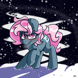 Size: 1625x1625 | Tagged: safe, artist:lou, imported from derpibooru, oc, oc only, oc:juicy dream, earth pony, pony, raised hoof, snow, solo