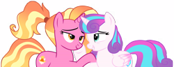 Size: 16192x6229 | Tagged: safe, artist:ejlightning007arts, imported from derpibooru, imported from ponybooru, luster dawn, princess flurry heart, alicorn, pony, unicorn, the last problem, cute, duo, duo female, female, flurrydawn, hooves on cheeks, lesbian, looking at each other, older, older flurry heart, ponytail, shipping, simple background, teeth, transparent background, vector