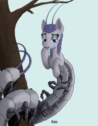 Size: 3110x3999 | Tagged: safe, artist:kviksi, imported from derpibooru, oc, oc only, centipede, centipony, insect, monster pony, pony, antennae, blue eyes, cute, fangs, female, looking at you, purple hair, scolopendra, solo, tree