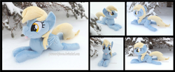 Size: 4260x1754 | Tagged: safe, artist:peruserofpieces, imported from derpibooru, derpy hooves, pegasus, pony, beanie (plushie), female, happy, irl, looking at you, lying down, mare, photo, plushie, prone, smiling, smiling at you, snow, solo, sploot, tongue out, tree