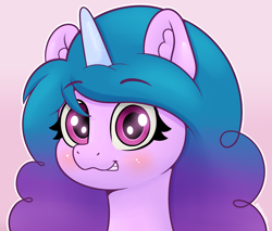 Size: 4000x3400 | Tagged: safe, artist:yelowcrom, imported from derpibooru, izzy moonbow, pony, unicorn, spoiler:g5, bust, ear fluff, eyelashes, female, g5, high res, izzy, looking at you, mare, pink background, simple background, solo
