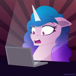 Size: 2213x2223 | Tagged: safe, artist:andaluce, imported from derpibooru, izzy moonbow, pony, unicorn, spoiler:g5, computer, female, floppy ears, g5, gasp, high res, izzy, mare, open mouth, shocked, shocked expression, solo, sunburst background, text