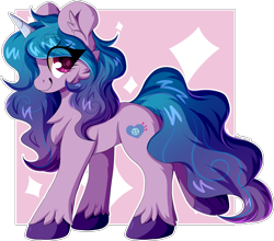 Size: 2151x1897 | Tagged: safe, artist:woonborg, imported from derpibooru, izzy moonbow, pony, unicorn, spoiler:g5, cheek fluff, chest fluff, ear fluff, eyelashes, female, g5, hoof fluff, izzy, mare, profile, smiling, solo, sparkles, unshorn fetlocks