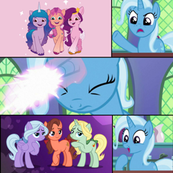 Size: 1280x1280 | Tagged: safe, edit, edited screencap, imported from derpibooru, screencap, dear darling, fond feather, izzy moonbow, pipp petals, sunny starscout, swoon song, trixie, earth pony, pegasus, pony, unicorn, all bottled up, hard to say anything, bimbettes, exploitable meme, female, females only, g4, g4 purist, g5, g5 drama, izzy, magic, meme, op is a duck, op is trying to start shit, op isn't even trying anymore, pipp, sunny, trio, trixie fixing meme