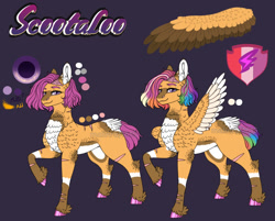 Size: 1280x1030 | Tagged: safe, artist:malinraf1615, imported from derpibooru, scootaloo, pegasus, pony, alternate hairstyle, black background, chest fluff, ear fluff, ear piercing, earring, eyebrow piercing, female, jewelry, leg fluff, mare, markings, older, older scootaloo, piercing, raised hoof, redesign, reference sheet, scar, simple background, solo, unshorn fetlocks