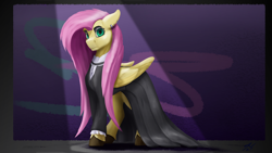 Size: 3840x2160 | Tagged: safe, artist:tenebrisnoctus, imported from derpibooru, fluttershy, pegasus, pony, fake it 'til you make it, clothes, ear piercing, earring, female, fluttergoth, goth, high res, jewelry, looking at you, piercing, solo