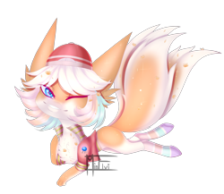 Size: 3388x2940 | Tagged: safe, artist:minelvi, imported from derpibooru, oc, oc only, hybrid, pony, chest fluff, clothes, hat, multiple tails, one eye closed, signature, simple background, smiling, socks, solo, striped socks, transparent background, underhoof, wink