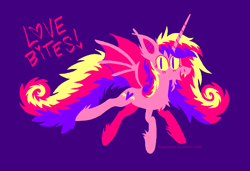 Size: 1280x875 | Tagged: safe, artist:msponies, imported from derpibooru, princess cadance, alicorn, bat pony, bat pony alicorn, pony, bat ponified, bat wings, horn, limited palette, lineless, purple background, race swap, simple background, solo, wings