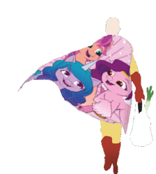 Size: 332x371 | Tagged: safe, edit, imported from derpibooru, izzy moonbow, pipp petals, sunny starscout, earth pony, human, pegasus, pony, unicorn, spoiler:g5, brony, cape, clothes, g5, gen 5, groceries, one punch man, pipp, png, saitama