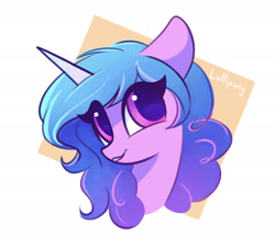 Size: 1651x1425 | Tagged: safe, artist:lollipony, imported from derpibooru, izzy moonbow, pony, unicorn, spoiler:g5, abstract background, cute, eyelashes, female, g5, izzy, izzybetes, looking at you, mare, signature, smiling, solo
