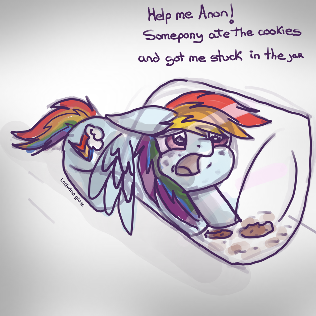 2557379 - safe, rainbow dash, solo, pony, pegasus, cute, food, sketch,  text, dashabetes, cookie, stuck, jar, implied anon, oh no, crumbs, the  implications are horrible, artist:lewdielewd, artist:ledwine glass, cursed  comments - Ponerpics