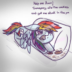 Size: 2048x2048 | Tagged: safe, artist:ledwine glass, artist:lewdielewd, imported from derpibooru, rainbow dash, pegasus, pony, blatant lies, cookie, cookie jar, crumbs, cursed comments, cute, dashabetes, food, implied anon, jar, oh no, sketch, solo, stuck, text, the implications are horrible