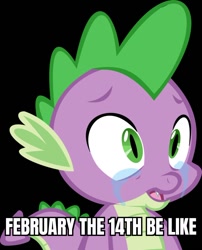 Size: 802x995 | Tagged: safe, imported from derpibooru, spike, dragon, black background, crying, fangs, holiday, male, meme, open mouth, ouch, simple background, singles awareness day, solo, valentine's day