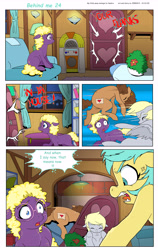Size: 5725x9077 | Tagged: safe, artist:jeremy3, imported from derpibooru, derpy hooves, sunshower raindrops, oc, oc:trissie, oc:valentine, earth pony, pegasus, pony, comic:behind me, alternate universe, comic, couch, jukebox, plant
