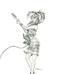 Size: 1000x1303 | Tagged: safe, artist:baron engel, imported from derpibooru, rainbow dash, equestria girls, clothes, dress, electric guitar, female, guitar, monochrome, musical instrument, pencil drawing, rainbow dash always dresses in style, solo, traditional art
