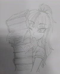 Size: 2250x2780 | Tagged: safe, artist:katanis, imported from derpibooru, sci-twi, twilight sparkle, equestria girls, book, female, monochrome, mouth hold, one eye closed, paper, sketch, smiley face, smiling, solo, traditional art