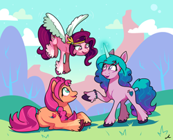 Size: 1950x1575 | Tagged: safe, artist:docwario, imported from derpibooru, izzy moonbow, pipp petals, sunny starscout, earth pony, pegasus, pony, unicorn, spoiler:g5, female, flying, g5, glowing horn, horn, izzy, looking at each other, lying down, mare, open mouth, outdoors, pipp, raised hoof, red eyes, red-eyed pipp, smiling, spread wings, standing, sunny, trio, unshorn fetlocks, wings, wrong eye color