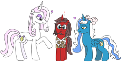 Size: 3216x1715 | Tagged: safe, artist:supahdonarudo, imported from derpibooru, fleur-de-lis, oc, oc:fleurbelle, oc:ironyoshi, alicorn, unicorn, series:fleurbuary, alicorn oc, bow, clothes, confused, heart, horn, ironbelle, lucky bastard, question mark, seductive look, shirt, simple background, this will end in snu snu, transparent background, wings