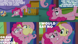 Size: 1280x720 | Tagged: safe, edit, edited screencap, editor:quoterific, imported from derpibooru, screencap, fluttershy, pinkie pie, earth pony, pegasus, pony, the one where pinkie pie knows, ball, duo, duo female, female, gritted teeth, mare, no, open mouth, puffy cheeks, teeth, treasure chest, worried