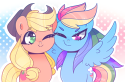 Size: 1280x841 | Tagged: safe, artist:euphoriapony, artist:vivian reed, imported from derpibooru, applejack, rainbow dash, earth pony, pegasus, pony, appledash, cute, dashabetes, female, jackabetes, lesbian, one eye closed, shipping