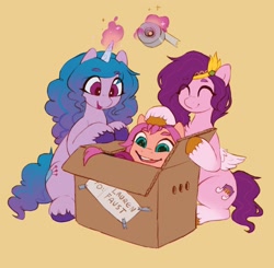 Size: 2210x2169 | Tagged: safe, artist:orchidpony, imported from derpibooru, izzy moonbow, pipp petals, sunny starscout, earth pony, pegasus, pony, unicorn, spoiler:g5, box, cardboard box, female, g5, high res, implied lauren faust, izzy, magic, mare, open mouth, pipp, pony in a box, simple background, sitting, smiling, sunny, tape, telekinesis, trio, unshorn fetlocks, wings, yellow background