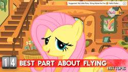 Size: 1366x768 | Tagged: safe, imported from ponybooru, screencap, fluttershy, pegasus, pony, caption, fluttershy's cottage (interior), hot minute, hot topic, hub logo, hub network, image macro, looking at you, open mouth, solo, spoilers for another series, text, timer, youtube, youtube link