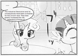 Size: 546x395 | Tagged: safe, edit, rarity, sweetie belle, comic, spit take, the industrial revolution, unabomber