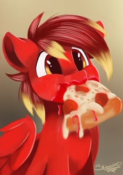 Size: 800x1131 | Tagged: safe, artist:mlp_sketchypon3, artist:sketchypon3, imported from derpibooru, oc, oc only, pegasus, pony, food, happy, messy eating, mouth hold, oc name needed, pizza, smiling, solo